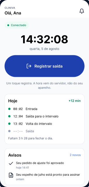 Aplicativo do Kairo no celular: botão de bater ponto, marcações do dia e saldo do banco de horas.