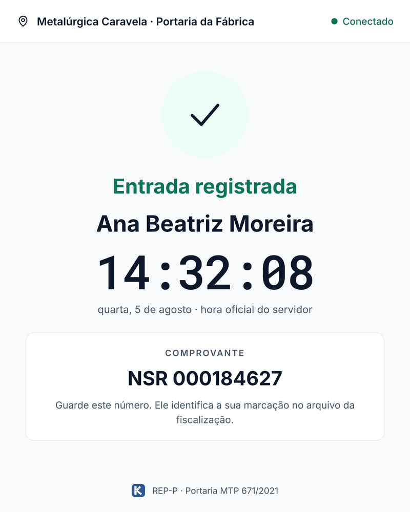 Tela de confirmação do totem: Entrada registrada, o nome do trabalhador, a hora, e um comprovante com o número sequencial de registro NSR 000184627.
